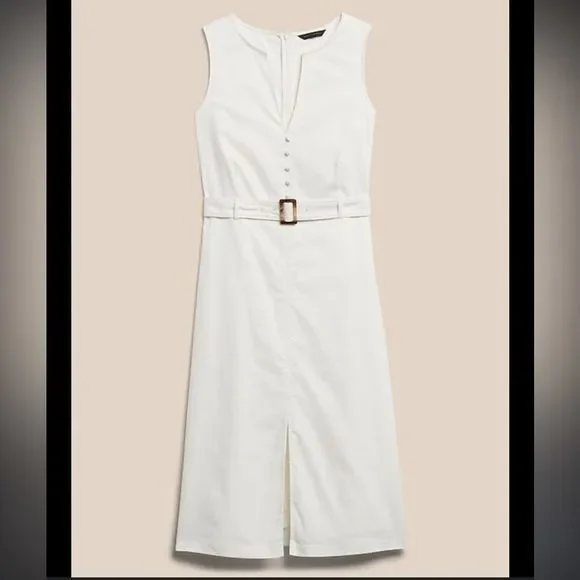 Banana Republic LINEN COTTON SHIFT DRESS sleeveless size 16 off white midi belt - Picture 2 of 11